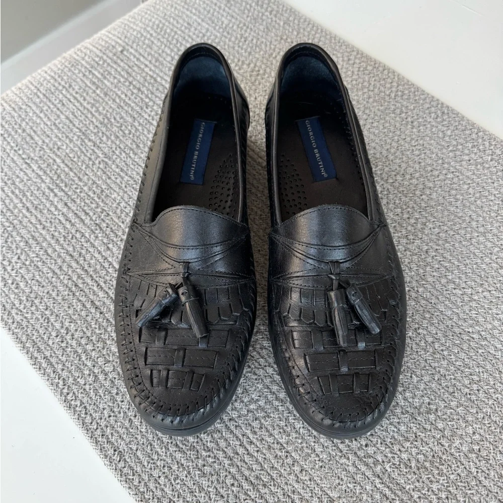 Vintage Giorgio Brutini Black Woven Leather Loafers Size 9.5